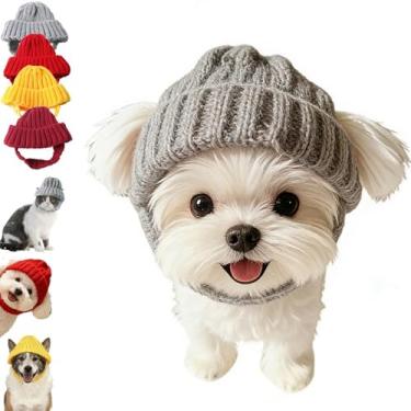 Imagem de Gorro de malha vermelha para cães com abas de orelha – Chapéu quente de inverno para animais de estimação com orifícios para orelhas, elástico macio para cães e gatos pequenos (cinza, tamanho único)