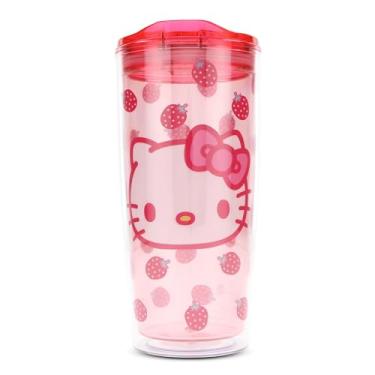 Imagem de Silver Buffalo Sanrio Hello Kitty Copo de viagem de parede dupla de morango com tampa deslizante, 590 ml