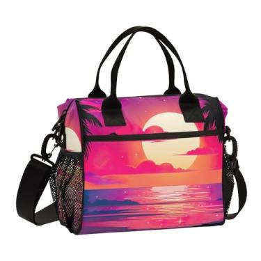 Imagem de GAIGEO Lancheira de praia tropical com isolamento vegetal com alças, lancheira feminina com alça, lancheira térmica para mulheres, M