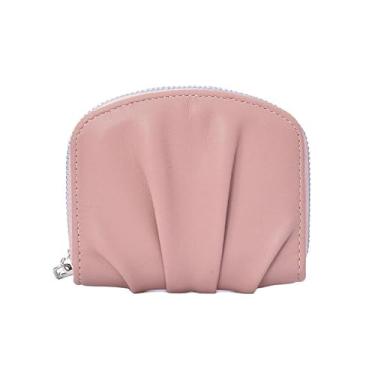 Imagem de Carteira feminina de couro genuíno com dobra dupla/tripla - Suporte minimalista para cartão de crédito com bloqueio de RFID e bolso para moedas, rosa, Casual