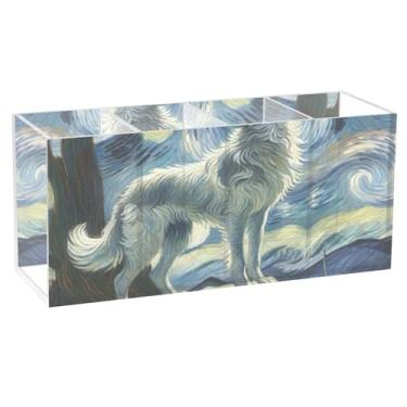 Imagem de TSENQUE Porta-canetas de mesa de acrílico com uivando de lobo, noite estrelada, para escritório, porta-canetas, decoração estética de escritório, 20 cm x 6,3 cm x 9 cm