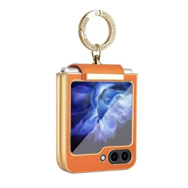 Imagem de Capa de celular com suporte de anel em couro liso para Samsung Galaxy Z Flip 7 6 5 com película protetora de vidro (Para Galaxy Z Flip 5/Laranja)