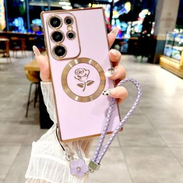 Imagem de Capa de TPU macio com revestimento rosa para Samsung Galaxy S25 S24 S23 S22 S21 Ultra Plus S24 23 Charge Covers com pulseira e cordão, roxo claro, para S23