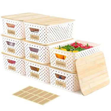 Imagem de AntStep Pacote com 8 caixas de armazenamento de plástico com tampas de bambu – Cestas de armazenamento empilháveis com alça para organizador e armazenamento de despensa, recipientes de plástico para