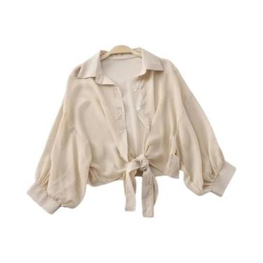 Imagem de Blusa De Chiffon Feminina De Verão Com Manga Curta E Botões, Solta, Ca