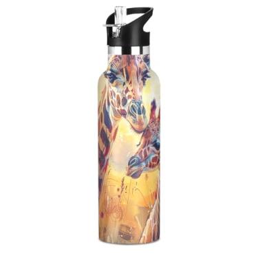 Imagem de Joisal Garrafa de água isolada de 590 ml com tampa e alça de palha, garrafa de água esportiva infantil sem BPA, copos infantis de aço inoxidável à prova de vazamento, girafa em aquarela