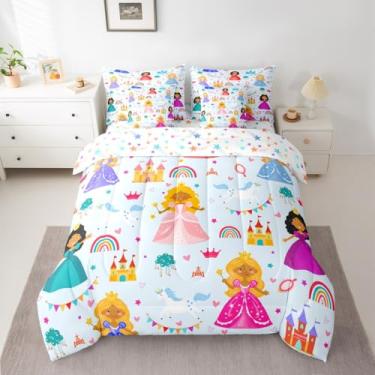 Imagem de jejeloiu Jogo de cama solteiro com 7 peças, princesa, fofo, feminino, amor, para decoração de quarto de meninos e meninas, azul claro, arco-íris com lençóis, fronhas e capa de almofada, macio