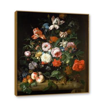 Imagem de Moldura de teca. Arte em tela floral country, pintura botânica vintage de natureza morta, decoração de parede de cozinha de fazenda emoldurada para sala de jantar. B41. 40 x 48 cm-15,7 x 18,9 pol