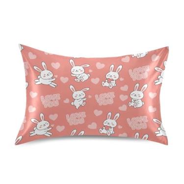 Imagem de Wassud Lindos coelhos brancos Dia dos Namorados fronha de cetim para cabelo e pele fronhas de seda lisa Queen Size Fronhas respiráveis com fecho de envelope