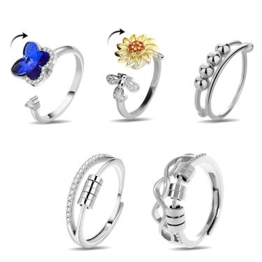 Imagem de PQJSJDR 5 anéis de ansiedade ajustáveis, anel giratório de aço inoxidável prata antiansiedade, anéis abertos antipreocupação, presentes para mulheres, aniversário e dia dos namorados