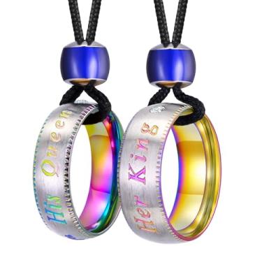 Imagem de UTHOSMDO Conjunto de 2 peças de colar para casais do Dia dos Namorados sobre Sua Rainha e Seu Rei, Anel de Aço Inoxidável com Zircônia Cúbica, Conta de Humor que Mudará de Cor, Colar de Corda de Nylon