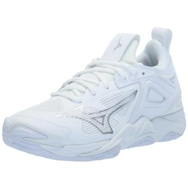 Imagem de Mizuno Tênis feminino de vôlei Wave Momentum 3, Branco e prata, 3.5 UK