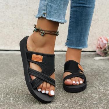 Imagem de Sapatilhas femininas com tiras cruzadas de malha – Sandálias plataforma confortáveis, bico aberto respirável sem cadarço para verão na praia e caminhadas, A01/Preto, 34