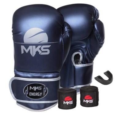 Imagem de KIt Luva Boxe Muay Thai New Energy Azul Metálico + Bandagem + Protetor Bucal - Mks Combat (10oz)