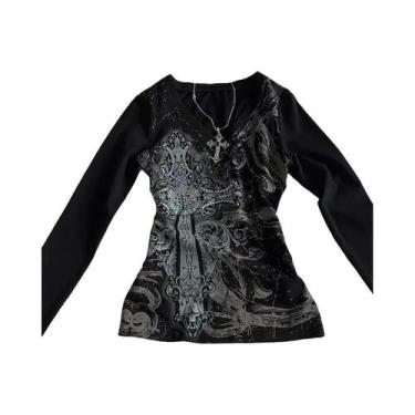 Imagem de Camiseta Casual Feminina Y2K Hip Hop Vintage Punk Gótica Slim Cropped 