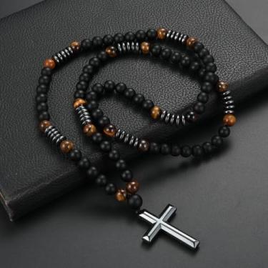 Imagem de Colar de contas para homens, pingente de metal cruzado, colar de cura de olho de tigre, colar masculino para amigos presentes de aniversário, One Size, Metal Pedra, Sem Pedra Preciosa