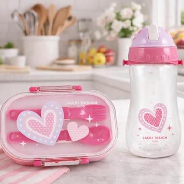 Imagem de Kit Pote Lancheira de 400ml e Garrafa 460ml Infantil Para Levar a Merenda Escolar Piquinique Lanche da Tarde Armazena Alimento e Bebidas (Pink Coração)