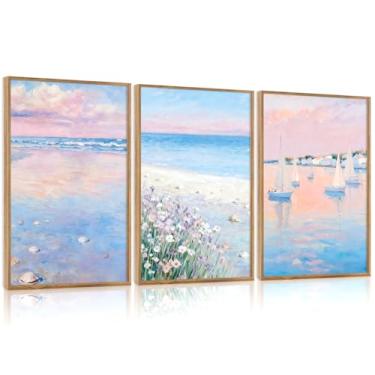 Imagem de IARTTOP Conjunto de arte de parede em tela de praia rosa emoldurada, decoração de parede de veleiro costeiro pastel, aquarela, verão, oceano, paisagem marítima, flores silvestres, impressões