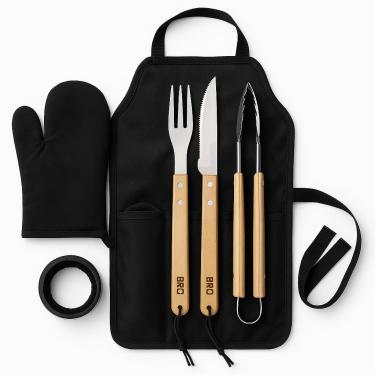 Imagem de Kit Churrasco Profissional 5 Peças com Avental – Aço Inox Premium, Cabo de Madeira, Pegador + Garfo + Faca + Luva Térmica – Perfeito para Churrasqueiros e BBQ Masters