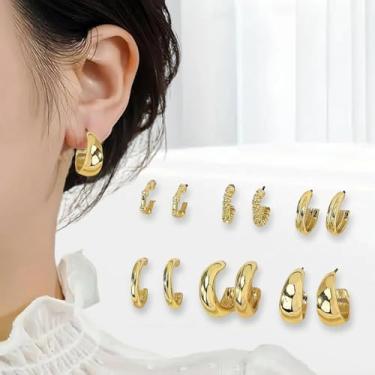 Imagem de Conjunto de 6 pares de brincos de argola de ouro para mulheres, hipoalergênicos, modernos, grossos e torcidos, vários pacotes para mulheres, presentes de aniversário de dia dos namorados
