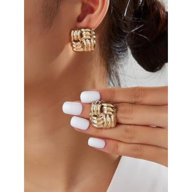 Imagem de Brincos grandes e grossos para mulheres, grande, geométrico, quadrado, coração, espiral, joias, presentes de Natal, presentes de amizade para mulheres, dia dos namorados, Medium, Latão, Sem pedra