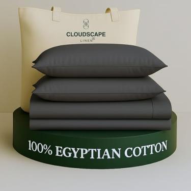 Imagem de Jogo de cama casal de algodão egípcio de camada dupla Cloud Scape Linen – Trama de cetim de fibra longa, conjunto de cama macio de qualidade hoteleira de 4 peças, bolsos profundos de até 43 cm, carvão