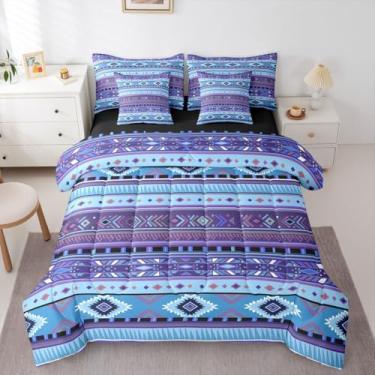Imagem de Erosebridal Conjunto de edredom queen asteca branco e roxo boêmio, tamanho queen, 7 peças | Jogo de cama geométrica caubói tribal para adultos do sudoeste