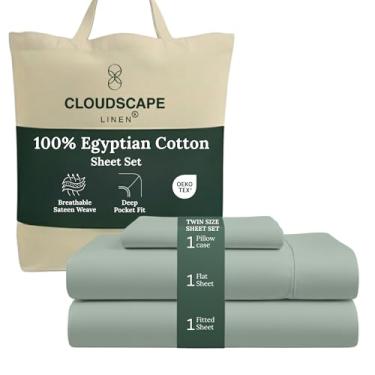 Imagem de Jogo de cama solteiro de algodão egípcio de camada dupla Cloud Scape Linen – Tecido de cetim de fibra longa, conjunto de cama essencial de 3 peças de qualidade de hotel macio, bolsos profundos de até