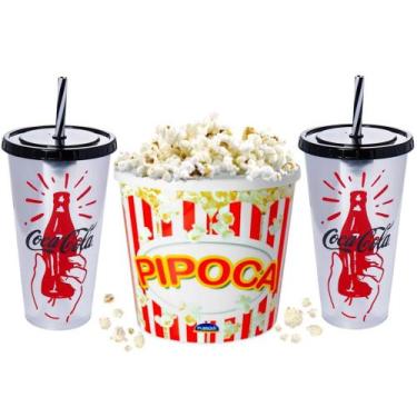 Imagem de Kit de Balde de Pipoca e Copos de Refrigerante 700ml Com Canudo para F