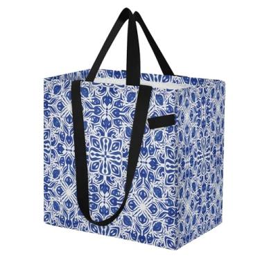Imagem de SEHANY Sacolas de compras reutilizáveis de porcelana azul e branca com alças reforçadas, bolsa de compras de lona dobrável à prova d'água de grande capacidade para viagem, cozinha, praia