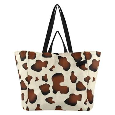 Imagem de SEHANY Sacolas de compras reutilizáveis com estampa de vaca marrom e branca com alças reforçadas, bolsa de compras de lona dobrável à prova d'água de grande capacidade para viagem, cozinha, praia