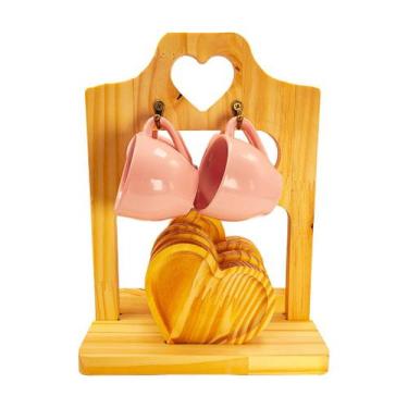 Imagem de Kit Suporte Para 4 Xicara Cantinho do Café De Madeira Pires Coração - 