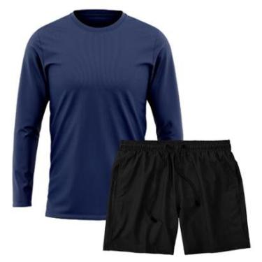 Imagem de Kit Short Praia Academia Passeio Treino Preto + Manga Longa Masculina Segunda Pele Dry-Masculino