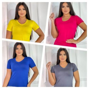 Imagem de Kit 4 Blusas Femininas Gola V Manga Curta - GK Toda Bela, Cinza, Amare