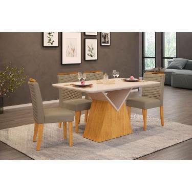 Imagem de Conjunto: Mesa Sala Jantar Argo c/ Tampo Madeirado c/ Vidro Curvo 136x90cm e 4 Cadeiras Julia Cedro/Off White - Linho Bege - DJ Móveis