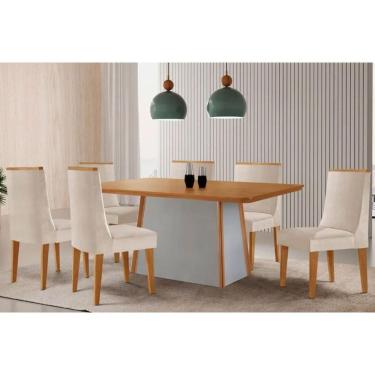 Imagem de Conjunto Mesa Tilia c/ Tampo Madeirado Canto Curvo 180x90cm e 6 Cadeiras Dakota Madeira Maciça Naturale/Off White - Capuccino/Suede Creme-Rufato