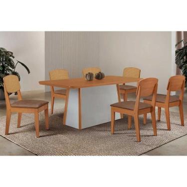 Imagem de Conjunto: Mesa Sala Jantar Tilia c/ Tampo Madeirado Canto Curvo 180x90cm e 6 Cadeiras Havana Premium Naturale/Off White - Corano Capuccino - Rufato
