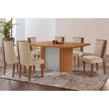 Imagem de Mesa Cozinha Pilar c/ Tampo Madeirado Canto Curvo 180x90cm e 6 Cadeiras Tilia Madeira Maciça Naturale/Off White - Capuccino/Suede Creme-Rufato