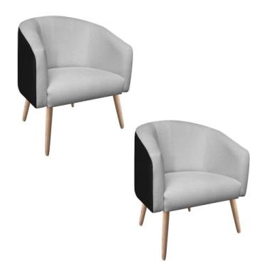 Imagem de Kit 02 Poltronas Stella Corano Preto CR04 com Linho Trama Cinza A87 Pé