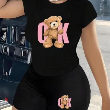 Imagem de Conjunto Feminino Moderno Camiseta Shorts Urso Ok Kit Blusinha E Short