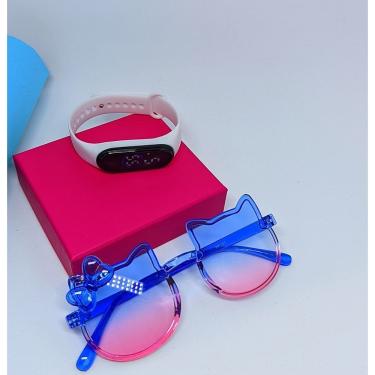 Imagem de Kit Relógio Digital Bracelete Silicone ajustável Menina + Óculos de Sol Gatinho Hello Kitty com Laço Protenção Uv400