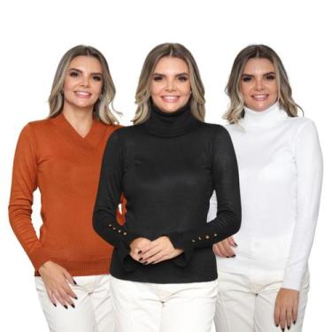 Imagem de Kit 3 Blusas Feminina de Tricot Manga Longa Tendência Frio 2024 - SP/C