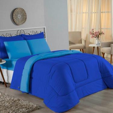 Imagem de Kit Edredom Dupla Face + Jogo De Lençol Casal Viúva Nobre 7 Peças Malha 100% Algodão - Royal / Turquesa