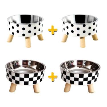 Imagem de Kit 2 comedouro bebedouro pet elevado base com tigela inox e plástica 