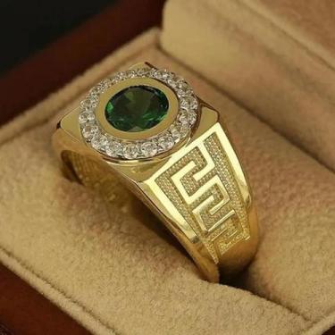 Imagem de Anel Masculino Dourado com Pedra Verde - Clássico e Luxuoso para Festa