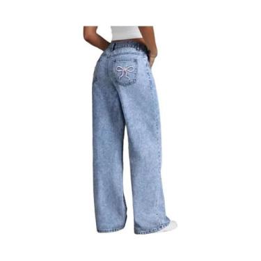 Imagem de Calças Jeans De Cintura Alta Com Pernas Largas Para Mulheres, Com Bord