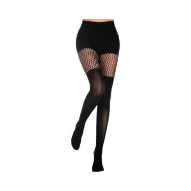 Imagem de Meia-calça Feminina Preta De Rede Vazada Com Suspensórios, Sexy, Para 