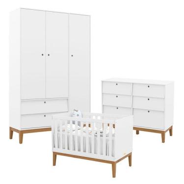 Imagem de Quarto de Bebê Unique com Guarda-Roupa 3 Portas Cômoda 6 Gavetas em MDF 136cm Branco So...