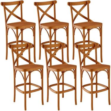 Imagem de Kit 06 Banquetas Altas Ávila Madeira Maciça Encosto Apoio para Pés 72.5 cm Amadeirado C...