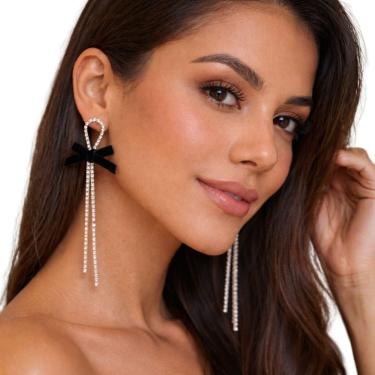 Imagem de Brinco Feminino Laço Preto Strass Longo Elegante Luxo Festa